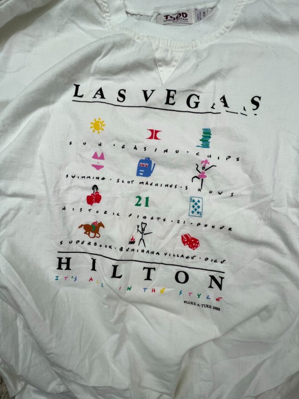 VTG White Long Sleeve T Shirt Luke A Tuke 1998 Hilton Las Vegas 21 Embroidered - Picture 10 of 14